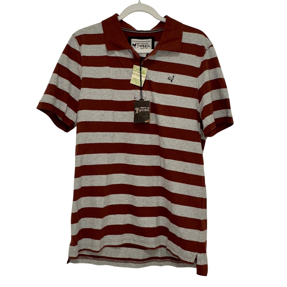 Fossil Polo Shirt Mens XL Cinnamon Brown Grey Striped NEW‎ Cotton Short Sleeve